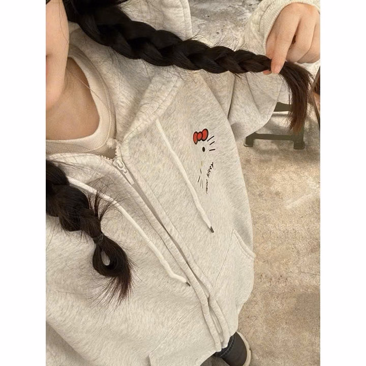 Áo Khoác Nỉ In Mèo Hello Kitty Nón Rộng 2 Lớp - Htm Fashion - Ảnh 5