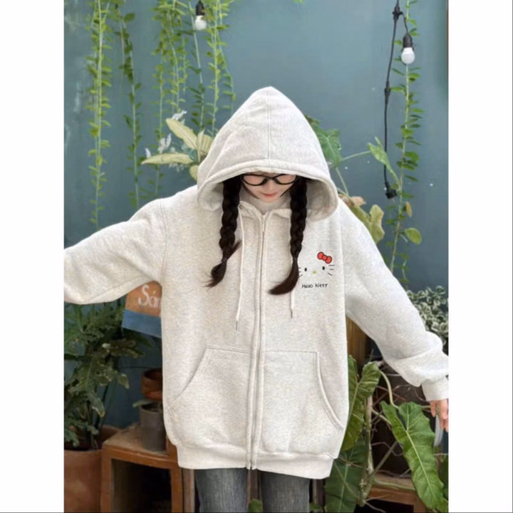 Áo Khoác Nỉ In Mèo Hello Kitty Nón Rộng 2 Lớp - Htm Fashion - Ảnh 7