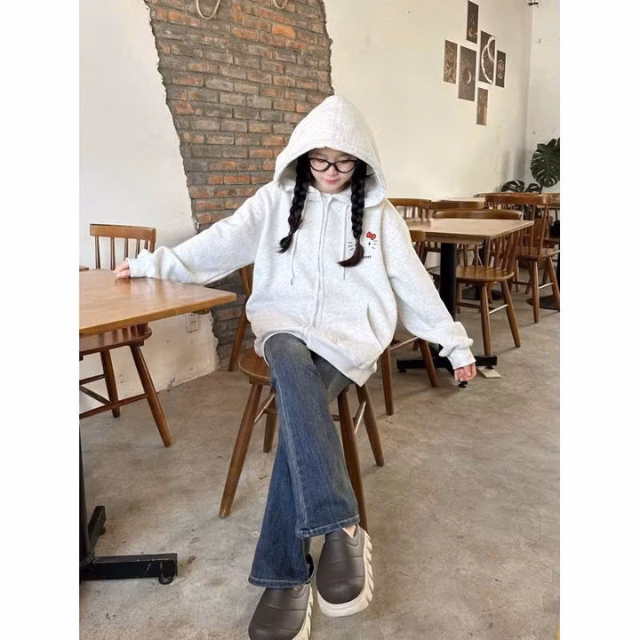 Áo Khoác Nỉ In Mèo Hello Kitty Nón Rộng 2 Lớp - Htm Fashion - Ảnh 6