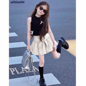 Set Váy Bé Gái Áo Sát Nách Đính Nơ Kèm Chân Váy Kaki Cột Nơ Từ 12-45Kg Dành Cho Bé Gái