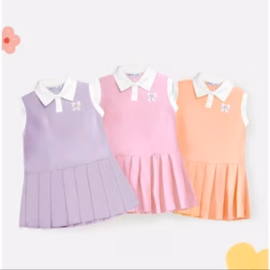 Đầm Thun Cổ Bẻ Tici Xêp Ly In Nơ Dễ Thương Từ 12-45Kg Cho Bé Gái