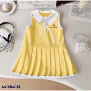 Đầm Thun Bé Gái Sát Nách Cổ Sen Xếp Ly In Gấu Cherry Dễ Thương Từ 12-36Kg Cho Bé Gái