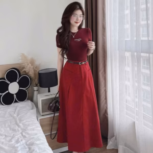 Set Áo Thun Thêu Chữ Mix Chân Váy Kaki Có Túi Kèm Dây Nịt Bt115T-Sam Store