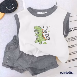 Bộ Thun Sát Nách Bé Trai Phối Màu In Khủng Long Rawr Dễ Thương Từ 8-24Kg Cho Bé Trai