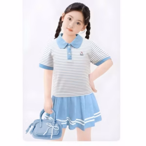 Set Váy Xếp Ly Bé Gái Áo Thun Sọc Cổ Bẻ Ngắn Tay Từ 12-45Kg In Kitty Hottend Cho Bé Gái