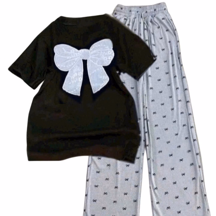 Sét Bộ Đồ Quần Ống Suông Họa Tiết Nơ Tăm + Mix Áo Croptop Tăm Lạnh - In Hình Nơ Trắng Xinh Xắn - Ảnh 3