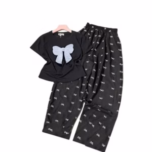 Sét Bộ Đồ Quần Ống Suông Họa Tiết Nơ Tăm + Mix Áo Croptop Tăm Lạnh - In Hình Nơ Trắng Xinh Xắn