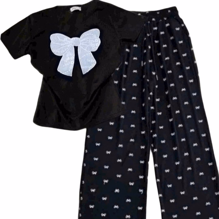 Sét Bộ Đồ Quần Ống Suông Họa Tiết Nơ Tăm + Mix Áo Croptop Tăm Lạnh - In Hình Nơ Trắng Xinh Xắn - Ảnh 7