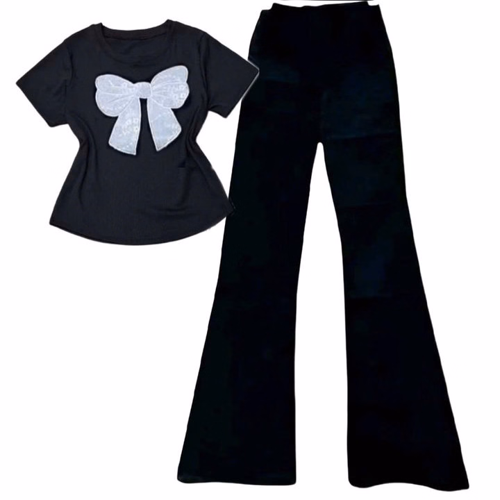 Sét Bộ Đồ Quần Ống Loe Cạp Cao Co Dãn Thoải Mái + Mix Áo Croptop Tăm Lạnh - In Hình Nơ Trắng Xinh Xắn