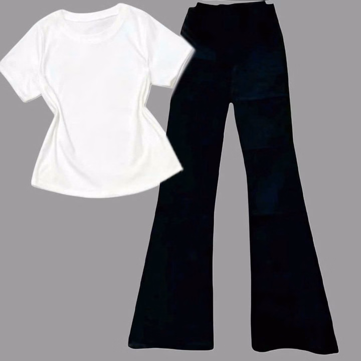 Sét Bộ Quần Ống Loe Cạp Cao Tôn Dáng + Mix Áo Thun Tăm Lạnh Croptop Trơn