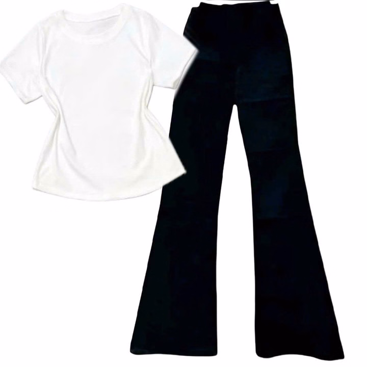 Sét Bộ Quần Ống Loe Cạp Cao Tôn Dáng + Mix Áo Thun Tăm Lạnh Croptop Trơn - Ảnh 4