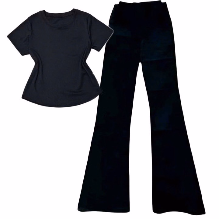 Sét Bộ Quần Ống Loe Cạp Cao Tôn Dáng + Mix Áo Thun Tăm Lạnh Croptop Trơn - Ảnh 3