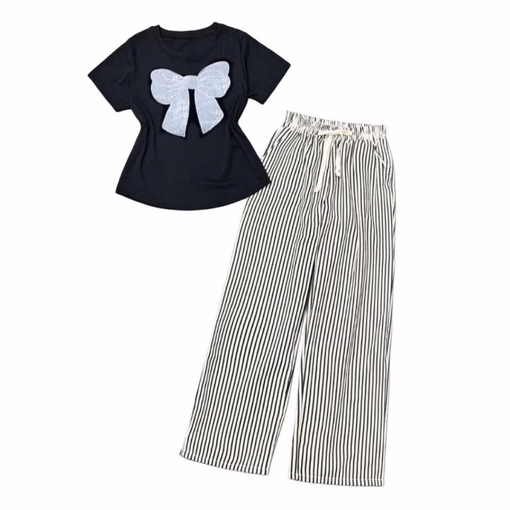 Sét Bộ Quần Ống Suông Vải Đũi Xốp + Mix Áo Thun Tăm Lạnh - Hình Nơ Trắng