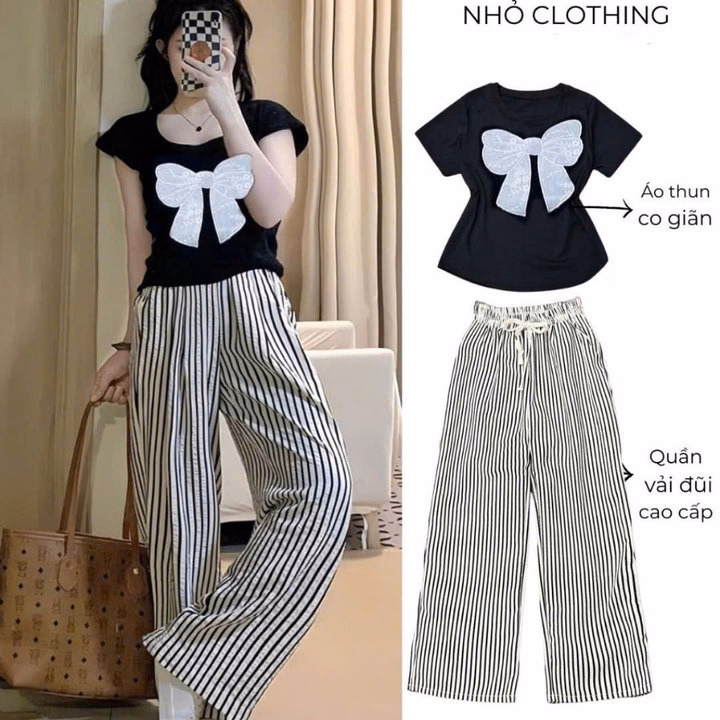 Sét Bộ Quần Ống Suông Vải Đũi Xốp + Mix Áo Thun Tăm Lạnh - Hình Nơ Trắng - Ảnh 3