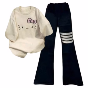 Sét Bộ Quần Loe 4 Sọc Chất Co Dãn Dài 95Cm+ Mix Áo Phông Mèo Nơ Đơn Giản Bassic