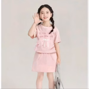 Set Váy Bé Gái Áo Thun Dây Rút Đính Nơ Kèm Chân Váy Chữ A Từ 12-45Kg Dành Cho Bé Gái