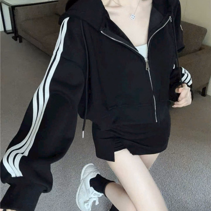 Áo Khoác Chống Nắng Nỉ Nữ Dáng Lửng Phối 3 Sọc Mẫu Mới Nón Rộng , Siêu Dày Dặn Hàng Đẹp - Ảnh 7