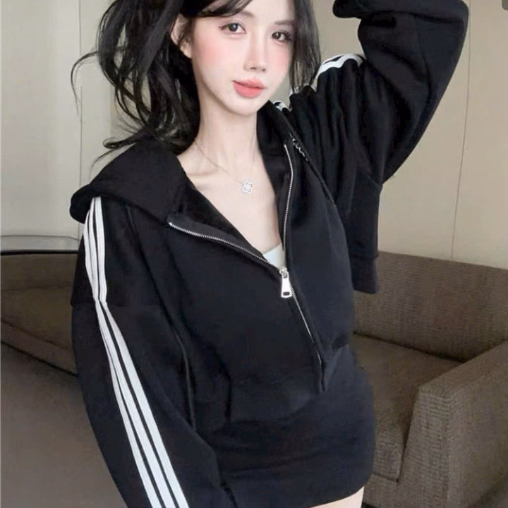 Áo Khoác Chống Nắng Nỉ Nữ Dáng Lửng Phối 3 Sọc Mẫu Mới Nón Rộng , Siêu Dày Dặn Hàng Đẹp - Ảnh 6