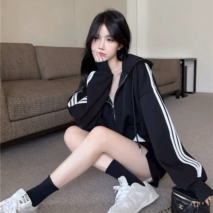 Áo Khoác Chống Nắng Nỉ Nữ Dáng Lửng Phối 3 Sọc Mẫu Mới Nón Rộng , Siêu Dày Dặn Hàng Đẹp - Ảnh 10