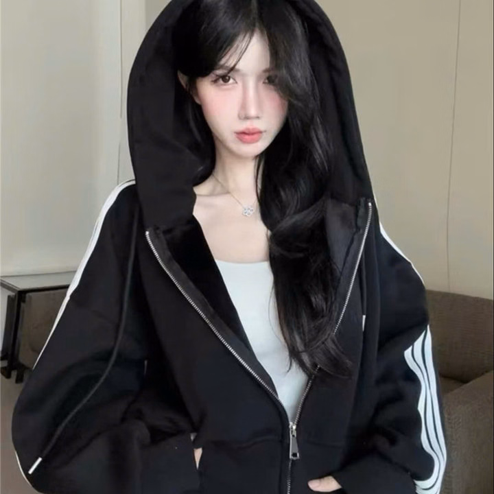 Áo Khoác Chống Nắng Nỉ Nữ Dáng Lửng Phối 3 Sọc Mẫu Mới Nón Rộng , Siêu Dày Dặn Hàng Đẹp - Ảnh 4