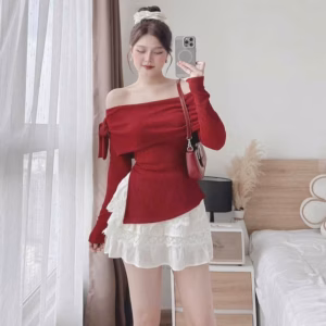 Set Áo Tăm Cột Nơ Vai Mix Chân Váy Mango Phối Ren Tb96Tr-Nana House