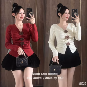 Set Áo Thun Tăm Tay Dài Đính Hoa Trà Mix Chân Váy Nhung Bí Bt105P-Sam Store