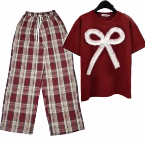 [ Rẻ Vô Địch ] Tổng Hợp Các Sét Bộ Quần Ống Rộng Kẻ Caro + Mix Áo Phông Form Rộng Thêu Hình Nơ Dúm