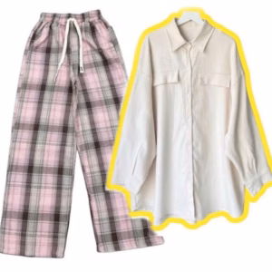 Sét Bộ Quần Ống Suông Kẻ Caro + Mix Áo Sơ Mi Nhung Quốc Dân