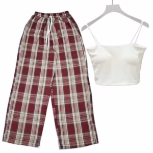 Sét Bộ Đồ Quần Ống Rộng Kẻ Caro Đỏ + Mix Áo 2 Dây Bún Chất Tăm Lạnh
