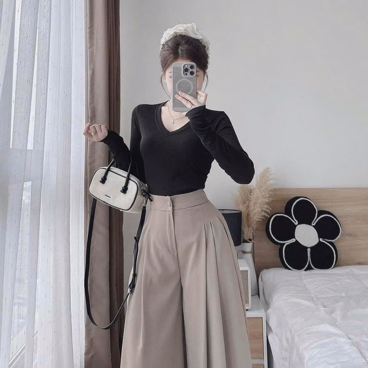 Set Áo Tay Dài Cổ Tim Phối Quần Suông Bagger Thật Lưng Thun Bt100Yh- Sam Store - Ảnh 3