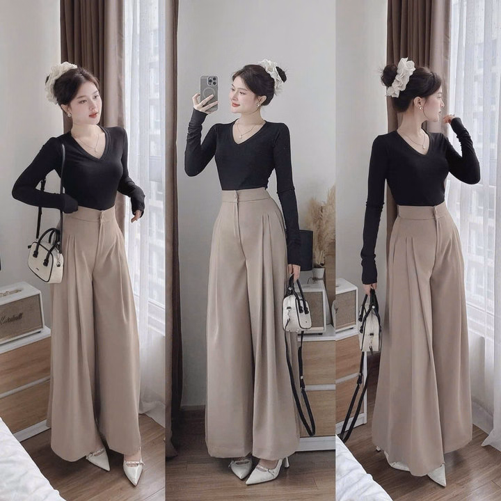 Set Áo Tay Dài Cổ Tim Phối Quần Suông Bagger Thật Lưng Thun Bt100Yh- Sam Store