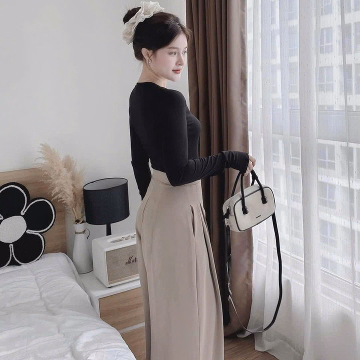 Set Áo Tay Dài Cổ Tim Phối Quần Suông Bagger Thật Lưng Thun Bt100Yh- Sam Store - Ảnh 4