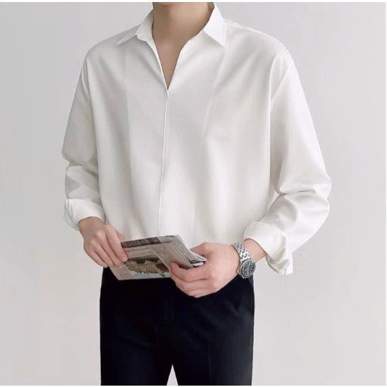 Áo Sơ Mi Nam Cổ V Tuto5 Menswear Smt06 - Sơ Mi Dài Tay Cổ Chữ V Chất Vải Lụa ,Không Nhăn Form Rộng Phong Cách Hàn Quốc - Ảnh 4