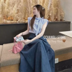 Set Chân Váy Denim Mix Áo Sơmi Thắt Nơ Bt113Gt-Nana House