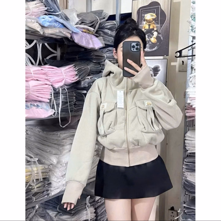 Áo Khoác Nỉ Dây Kéo Chất Nỉ Phối Túi Hộp Thêu Chữ M Form Rộng Siêu Dày Chống Nắng - Ảnh 2