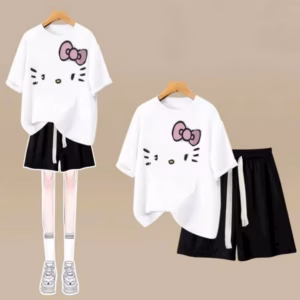 Sét Bộ Đồ Quần Cộc Trơn + Mix Áo Phông Mèo Đơn Giản