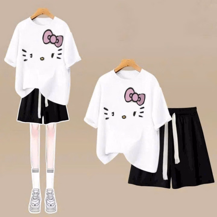 Sét Bộ Đồ Quần Cộc Trơn + Mix Áo Phông Mèo Đơn Giản