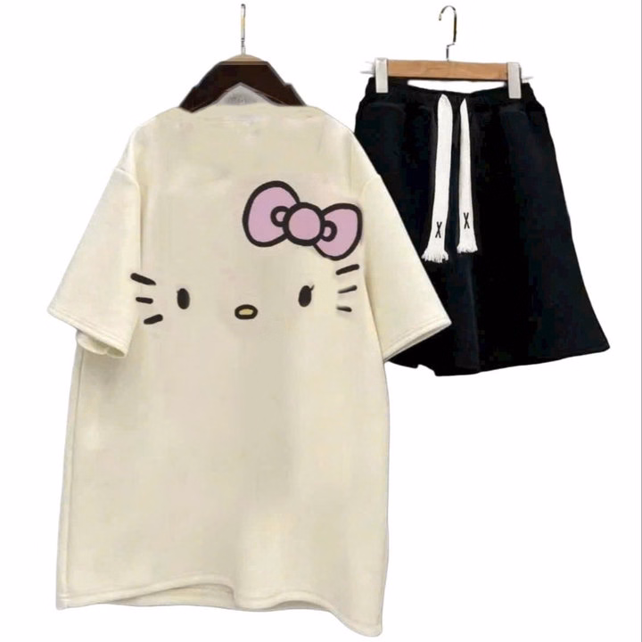 Sét Bộ Đồ Quần Cộc Trơn + Mix Áo Phông Mèo Đơn Giản - Ảnh 3