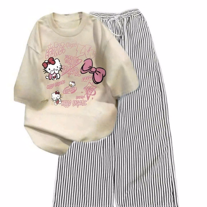 Sét Bộ Đồ Quần Đũi Kẻ Sọc +Mix Áo Phông Mèo Cute Form Rộng Tay Lỡ Chất Cotton - Ảnh 4