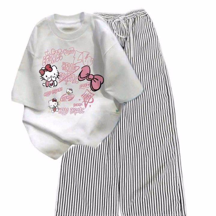 Sét Bộ Đồ Quần Đũi Kẻ Sọc +Mix Áo Phông Mèo Cute Form Rộng Tay Lỡ Chất Cotton - Ảnh 3