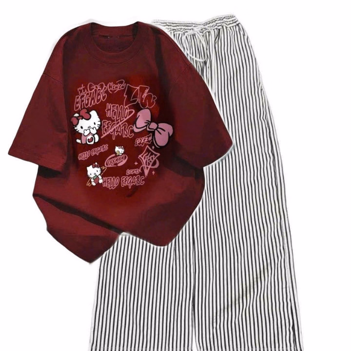 Sét Bộ Đồ Quần Đũi Kẻ Sọc +Mix Áo Phông Mèo Cute Form Rộng Tay Lỡ Chất Cotton - Ảnh 5