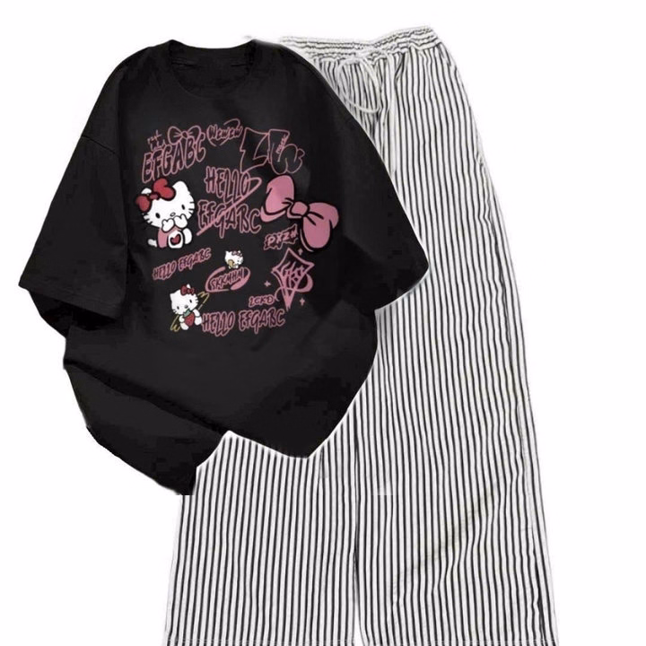 Sét Bộ Đồ Quần Đũi Kẻ Sọc +Mix Áo Phông Mèo Cute Form Rộng Tay Lỡ Chất Cotton - Ảnh 2