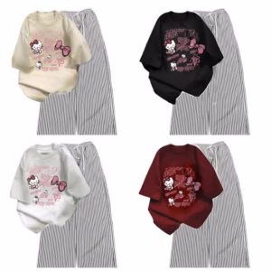 Sét Bộ Đồ Quần Đũi Kẻ Sọc +Mix Áo Phông Mèo Cute Form Rộng Tay Lỡ Chất Cotton