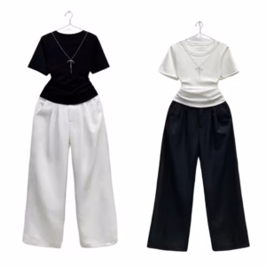 Sét Bộ Đồ Quần Kaki Trắng Dáng Dài 95Cm+ Mix Áo Thun Tăm Croptop Trơn Dáng Ngắn