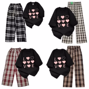 Tổng Hợp Các Sét Bộ Mùa Hè Quần Ống Rộng Kẻ Caro Đa Dạng Mẫu +Mix Áo Phông Form Rộng Tay Lỡ - Chữ Love