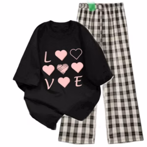 Sét Bộ Mùa Hè Quần Ống Rộng Kẻ Caro Đen +Mix Áo Phông Form Rộng Tay Lỡ - Chữ Love