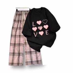 Sét Bộ Mùa Hè Quần Ống Rộng Kẻ Caro Hồng +Mix Áo Phông Form Rộng Tay Lỡ - Chữ Love