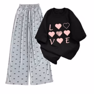 Sét Bộ Mùa Hè Quần Ống Rộng Họa Tiết Nơ Tăm +Mix Áo Phông Form Rộng Tay Lỡ - Chữ Love