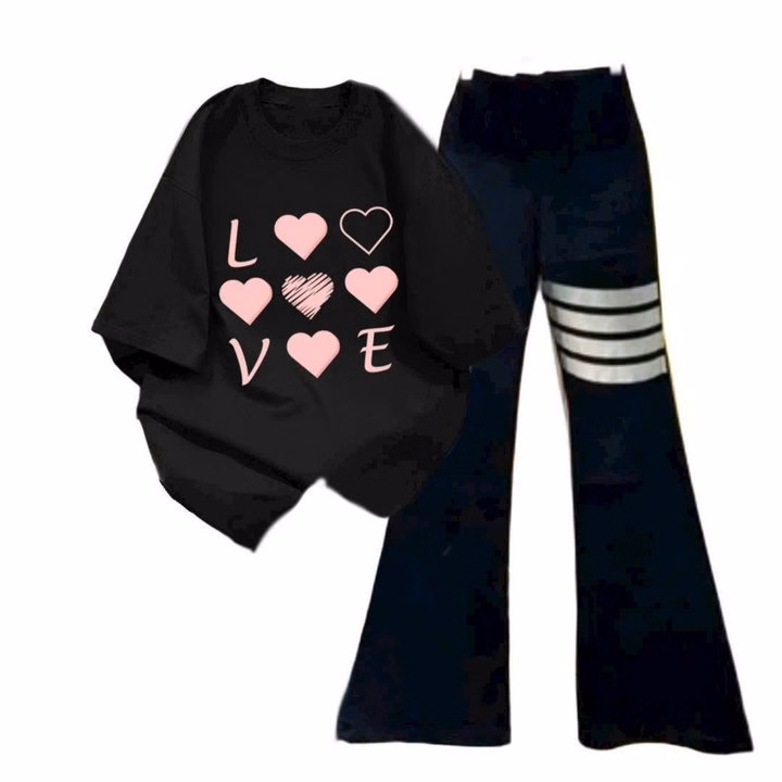 Sét Bộ Mùa Hè Quần Ống Loe Chất Co Dãn +Mix Áo Phông Form Rộng Tay Lỡ - Chữ Love - Ảnh 2