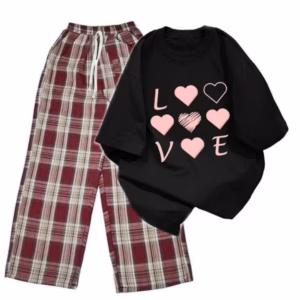 Sét Bộ Mùa Hè Quần Ống Rộng Kẻ Caro Đỏ +Mix Áo Phông Form Rộng Tay Lỡ - Chữ Love